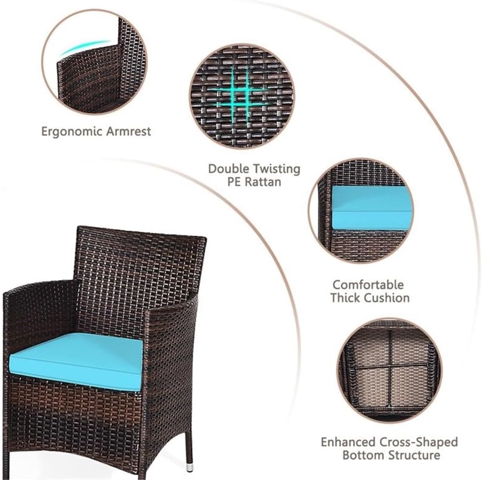 Pemberly Row 3-Piece Outdoor Wicker Furniture Set, PE Rattan Chairs and Tempered Glass Coffee Table, Blue Finish, Weather-Resistant Cushions, Ergonomic Design, Patio, Garden, or Balcony Seating