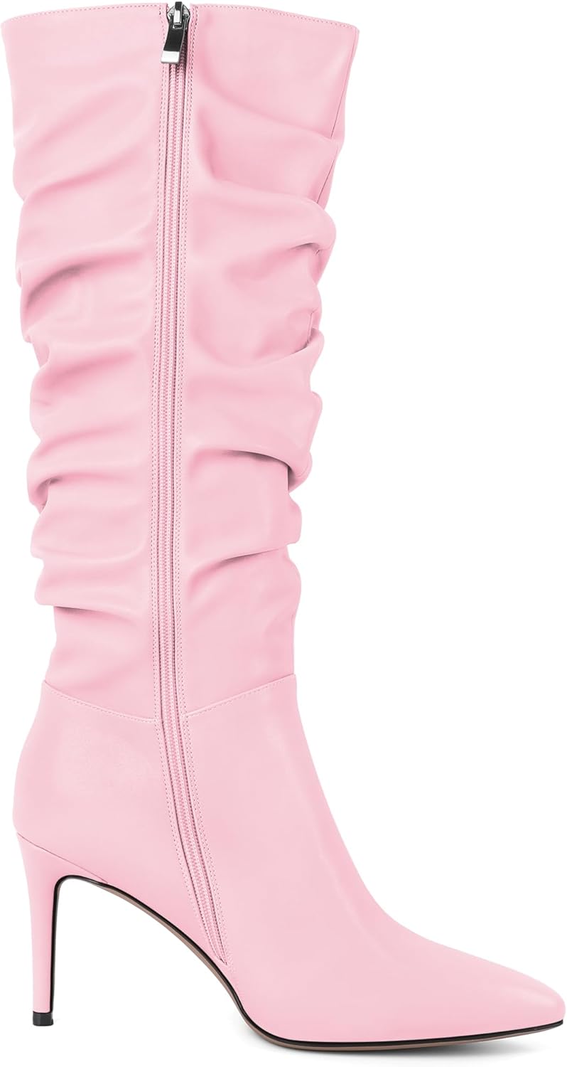 Joseywade Knee High Slouchy Boots For Women Pointed Toe Side Zip 3.5 Inch High Heel Boots