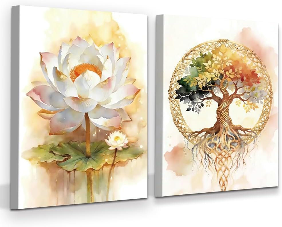 ACIYQHI Tree of Life Wall Art Canvas Prints Living Room Zen Wall Decor,Lotus Framed Posters Hallway Yellow Aesthetics Office Decorations Set of 2 (12x16 Inch)