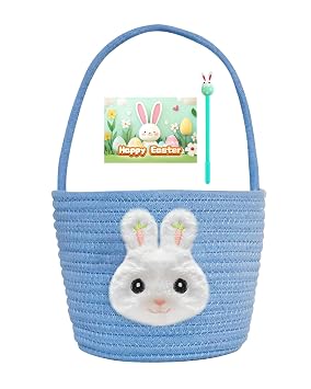 Easter Basket, Easter Bunny Gift Basket for Kids, Handmade Cotton Woven Egg Hunts Basket for Girls & Boys, Easter Gifts Storage Perfect for Toddlers, Includes Easter Card & Pen Blue