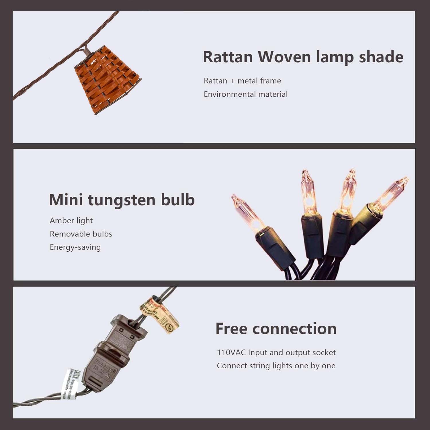 Zewnętrzne lampki strunowe, wodoodporne, łańcuch świetlny w stylu boho, na patio, do ogrodu, werandy, balkonu, pawilonu (PP Rattan)