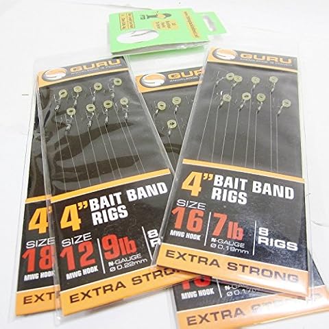 FTD - Min 16 Rigs (2 Packs of 8) of GURU MWG Fishing Hooks Ready Tied to 4 inch ins / 10cm Hooklengths with BAIT BANDS (available in Size 12, 14, 16 & 18) also comes with 10 FTD Hooks to Nylon (16 rigs - size 12 to 9lb / 0.22mm) Cover