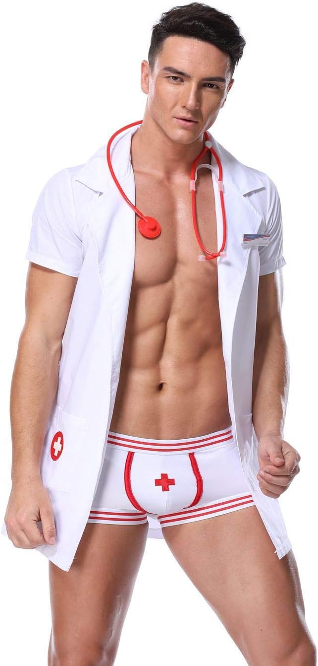 Mens Sexy Lingerie Set Role Play Doctor Uniform Night Club Costume Outfit,Men Thong Underwear White