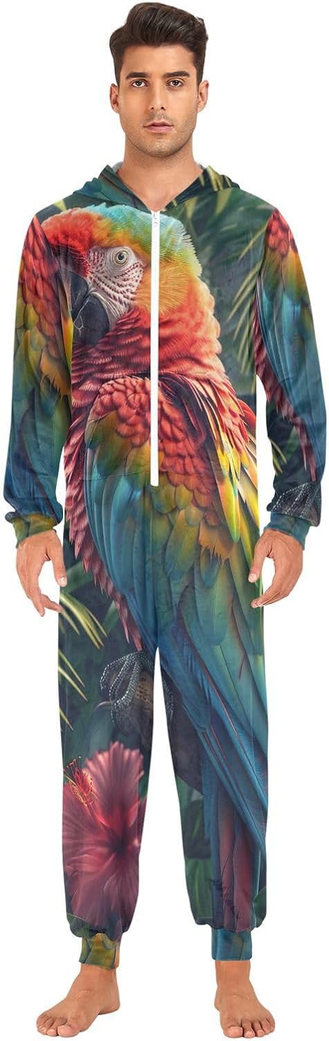 GAIREG Colorful Parrot Tropical Flower One-Piece Christmas Pajamas, Soft Costume Onesie for Men Women