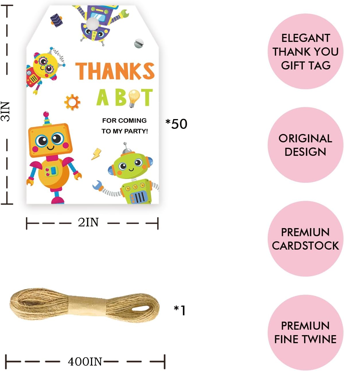 50pcs Robot Thank You Tags, Thanks A Bot Gift Tag with String for Boy Birthday Party, Robot Gears Thank You Paper Tags for Robot Birthday Party Favors image 2