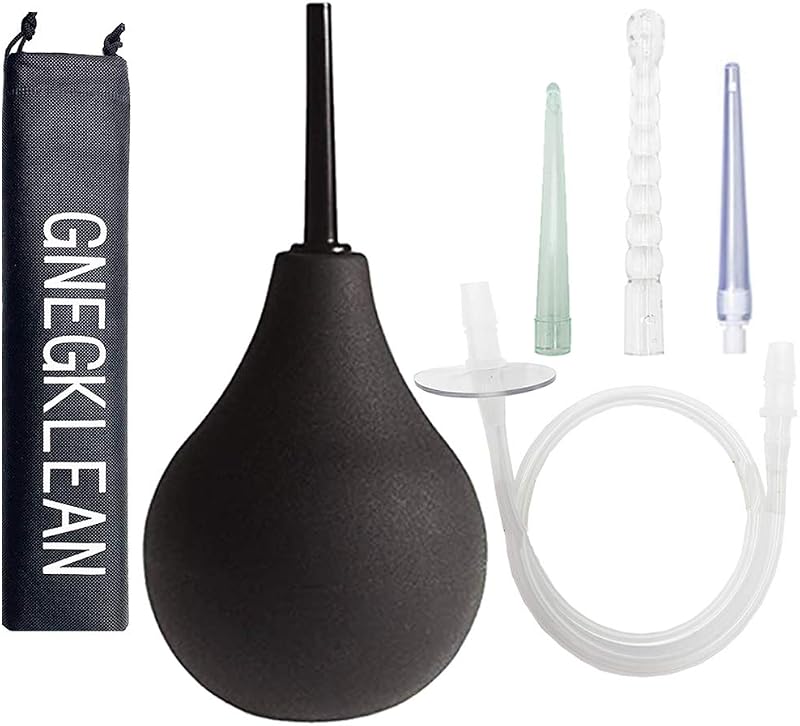 GNEGKLEAN Black Silicone Enema Bulb Kit 7.6oz Clean Anal Douche for Men Women with 19.7in Hose+4 Replaceable Nozzle (Black)