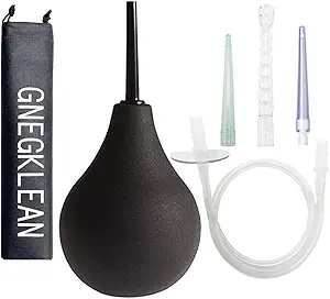Black Silicone Enema Bulb Kit 7.6oz Clean Anal Douche for Men Women with 19.7in Hose+4 Replaceable Nozzle (Black)