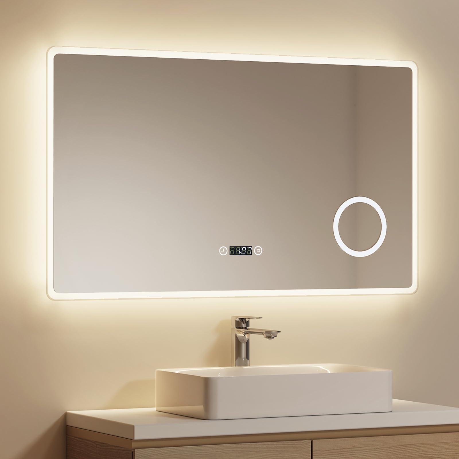 EMKE Espejo LED de Baño 100 x 60 cm, Espejo de Baño con Iluminación, Interruptor Táctil, Lupa 3X, Reloj, Función de Memoria, 3 Colores de Luz