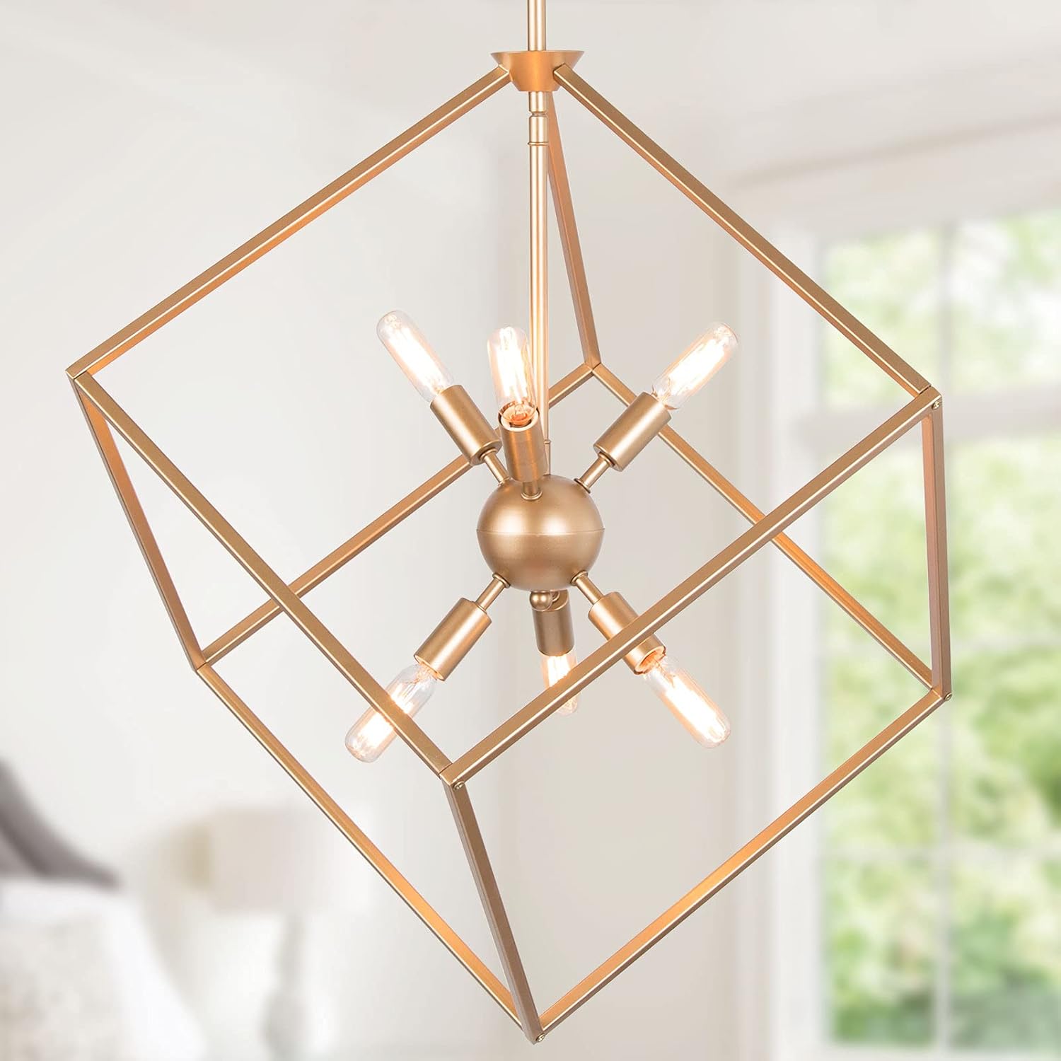 classy leaves Gold Chandelier Light Fixture, 6-Light Modern Gold Lantern Pendant Lighting for Kitchen Island, Foyer, Entryway & Dining Room, 20’’ D x 35’’ H