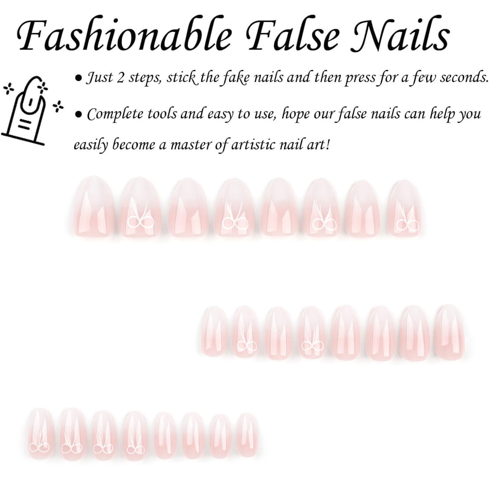 French Tip False Nails, 24Pcs Short Almond Press on Nails, Nude Gradient False Nails Almond Pattern with Bowknot - Image 4