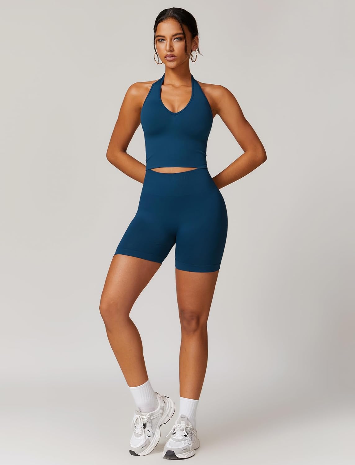 ABOCIW Workout Sets for Women 2 Piece Seamless Halter Cropped Tank Scrunch Butt Lifting High Waist Shorts Gym Sets - Image 5