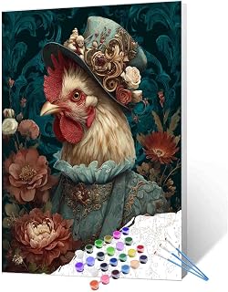Elegant Rooster Paint by Number for Adults Beginner Animal Wearing Floral Hat Paint by Number Kit on Canvas Pictures for Home Vintage Style Wall Decoration Drawings Gifts 16x20 Inch (Frameless)