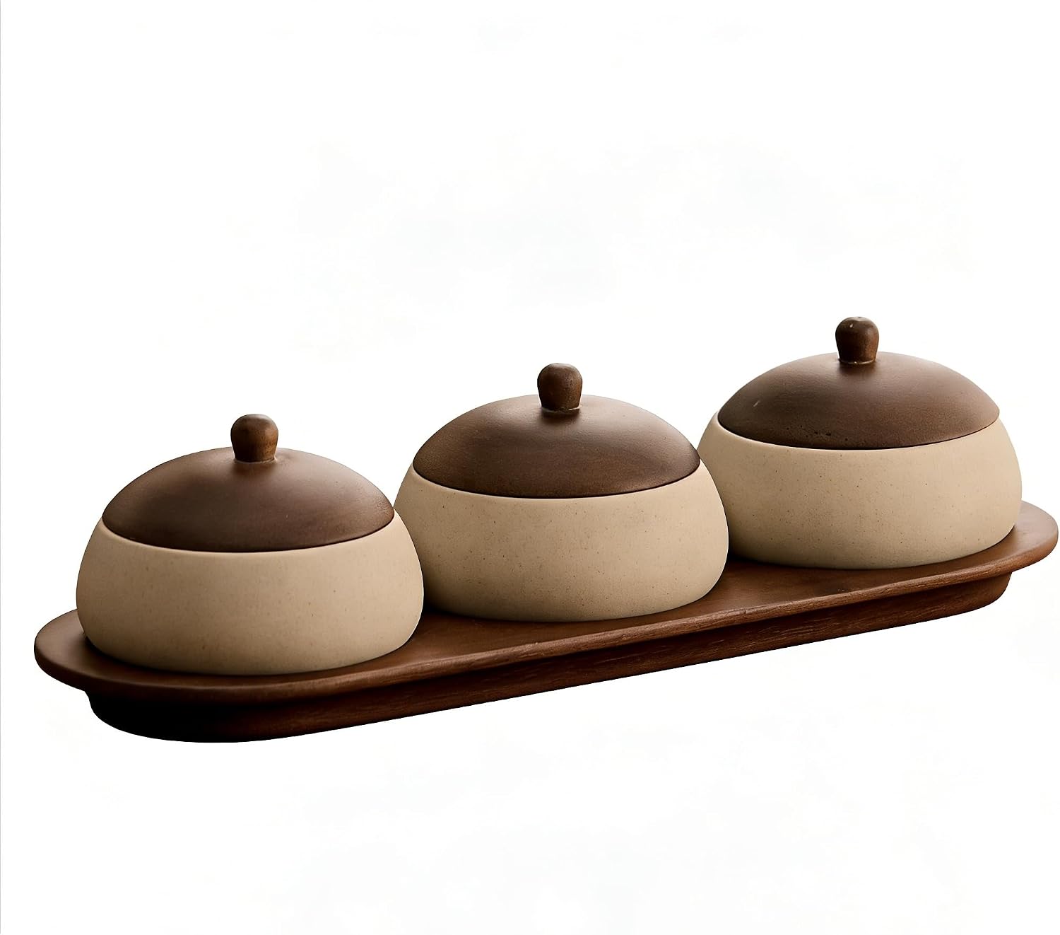 3-Pack Ceramic Snack Bowls with Wood Lid and Tray