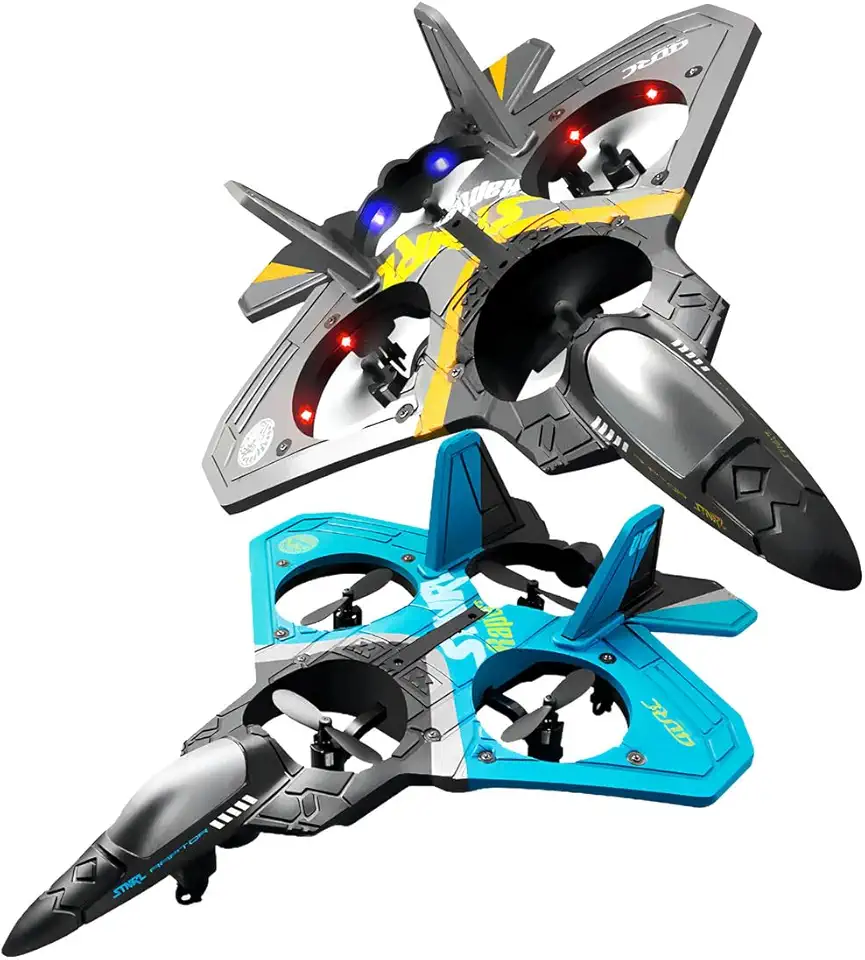 Drone Avião de Controle Remoto com LED, Caça Militar F-22 Raptor, Cinza e Azul, 15.5cm, Bateria, Tempo, Hélice, Guerra, Luzes, Colorido, Infantil, Adulto