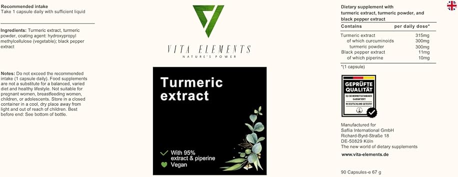 Vita Elements Curcuma Extract - 90 Capsules - 95% Curcuminoids - Pack of 5