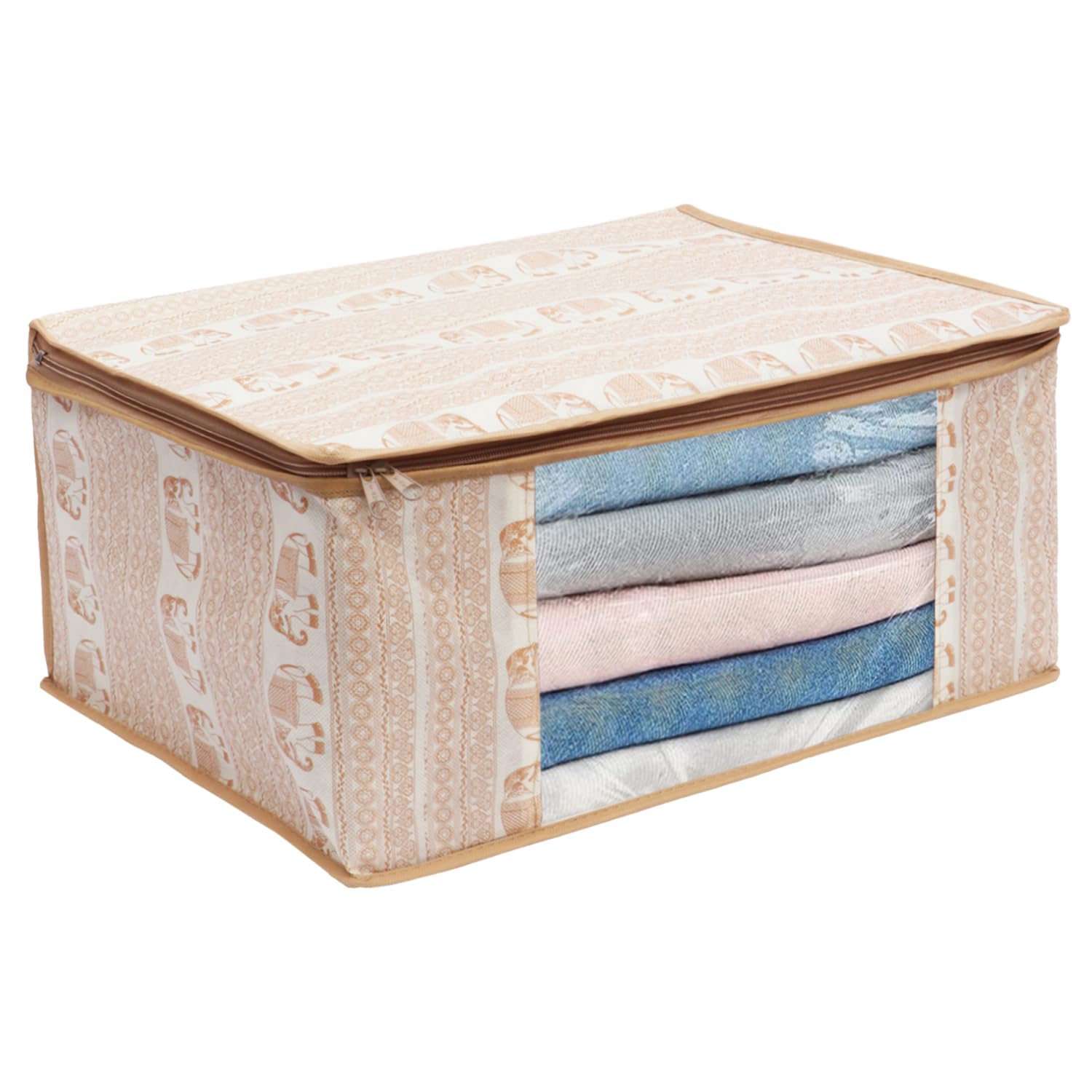 Set of 1 Non-Woven Saree Covers With Zip, Clothes Storage Organizer Bag, Transparent Window, Home Clothing Storage Box, Wardrobe Organiser Saree Bags, Printed, Brown Pack of 1-image-20