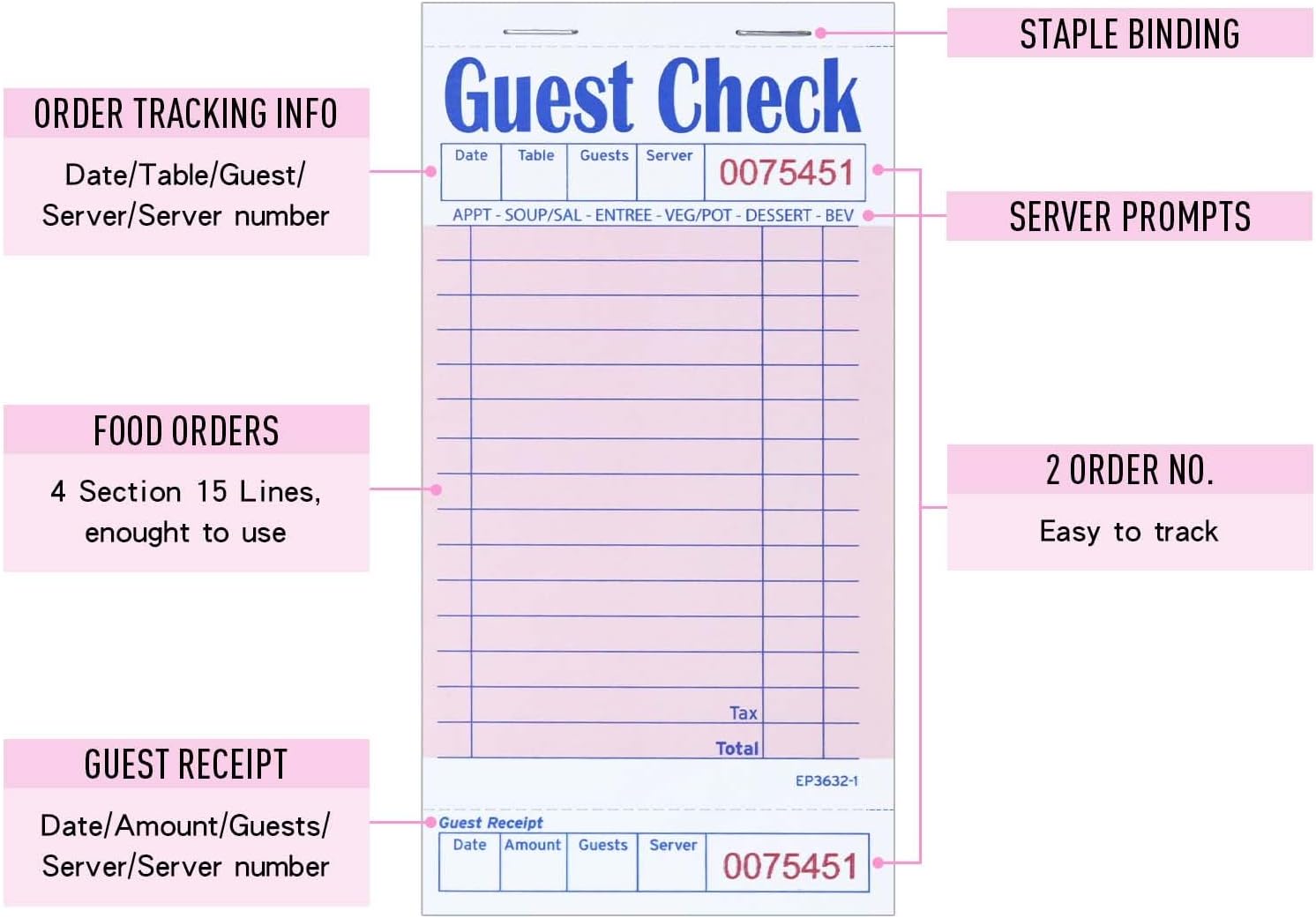 DGBDPACK Guest Check Pads EP-3632-1 (20 Pads), Total 1000 Pink Waitress Notepad, Server Order Pads