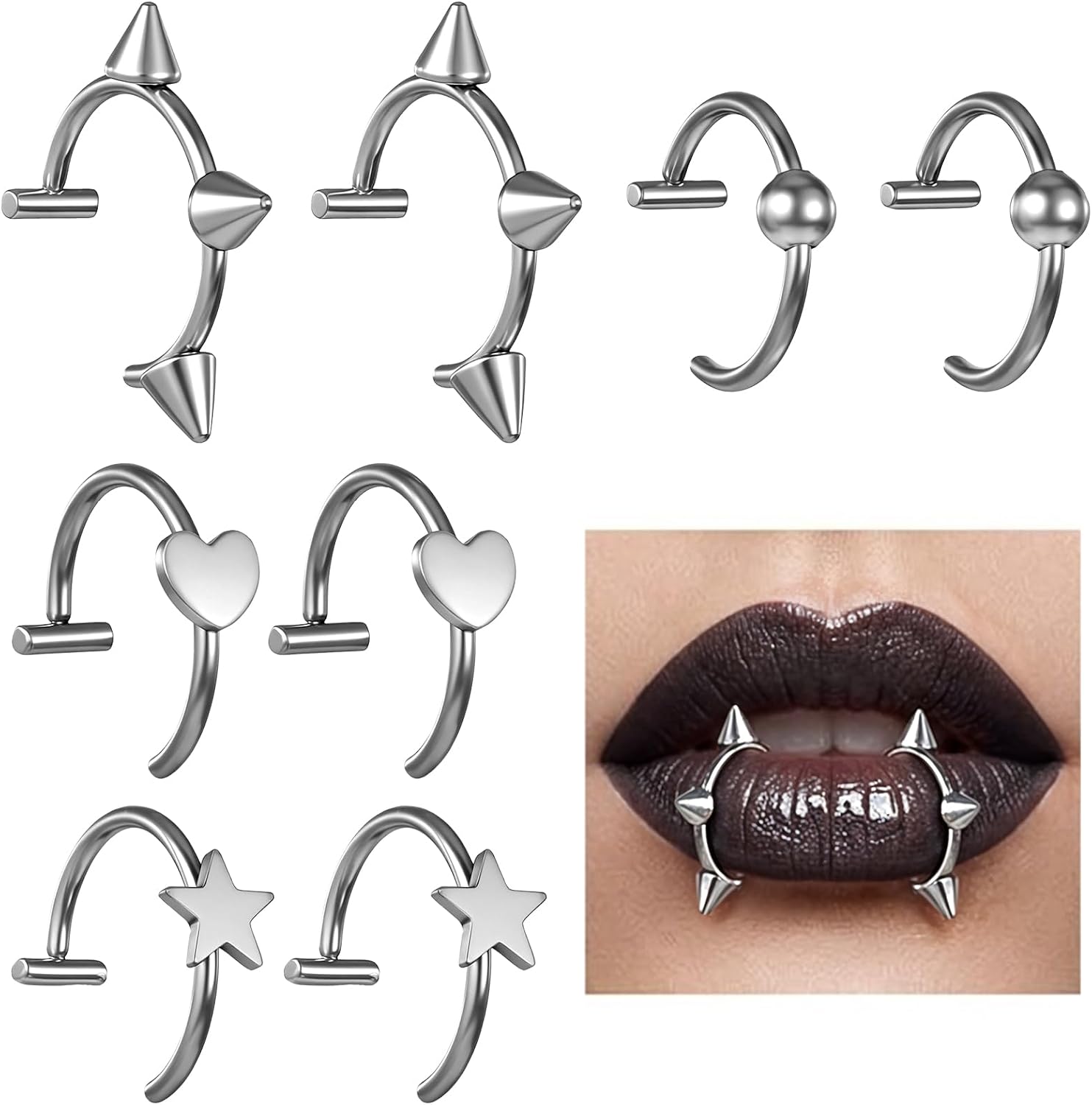 8 Pcs Fake Snake Bites Fake Lip Piercing Ring, Steel Lip Cuff Non Piercings Vampire Teeth Ring Kit, Adjustable Faux Ear Septum Nose Piercing Jewelry for Women Men