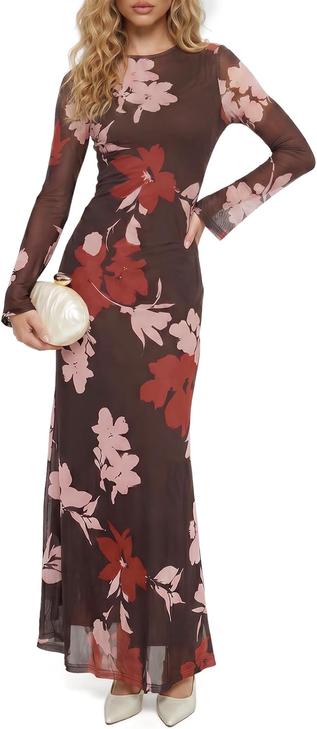 Wenrine Womens Long Sleeve Maxi Dress Floral Mesh Wedding Guest Dresses