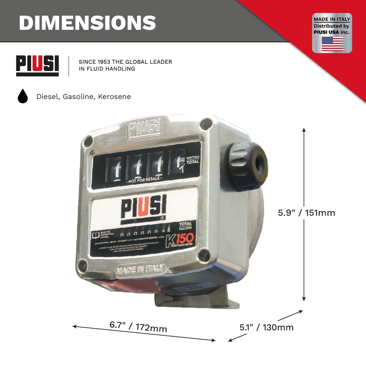 Piusi K150 4 Digit Mechanical Fuel Flow Meter Gallons 6-40 GPM 1inch NPT in-Out, Accuracy +/-1%