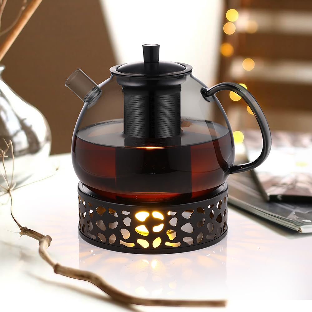 ecooe Teiera in vetro borosilicato nero da 1500 ml con filtro rimovibile in acciaio inox 18/8, resistente al calore, per tè nero, tè verde, tè alla frutta, tè profumato