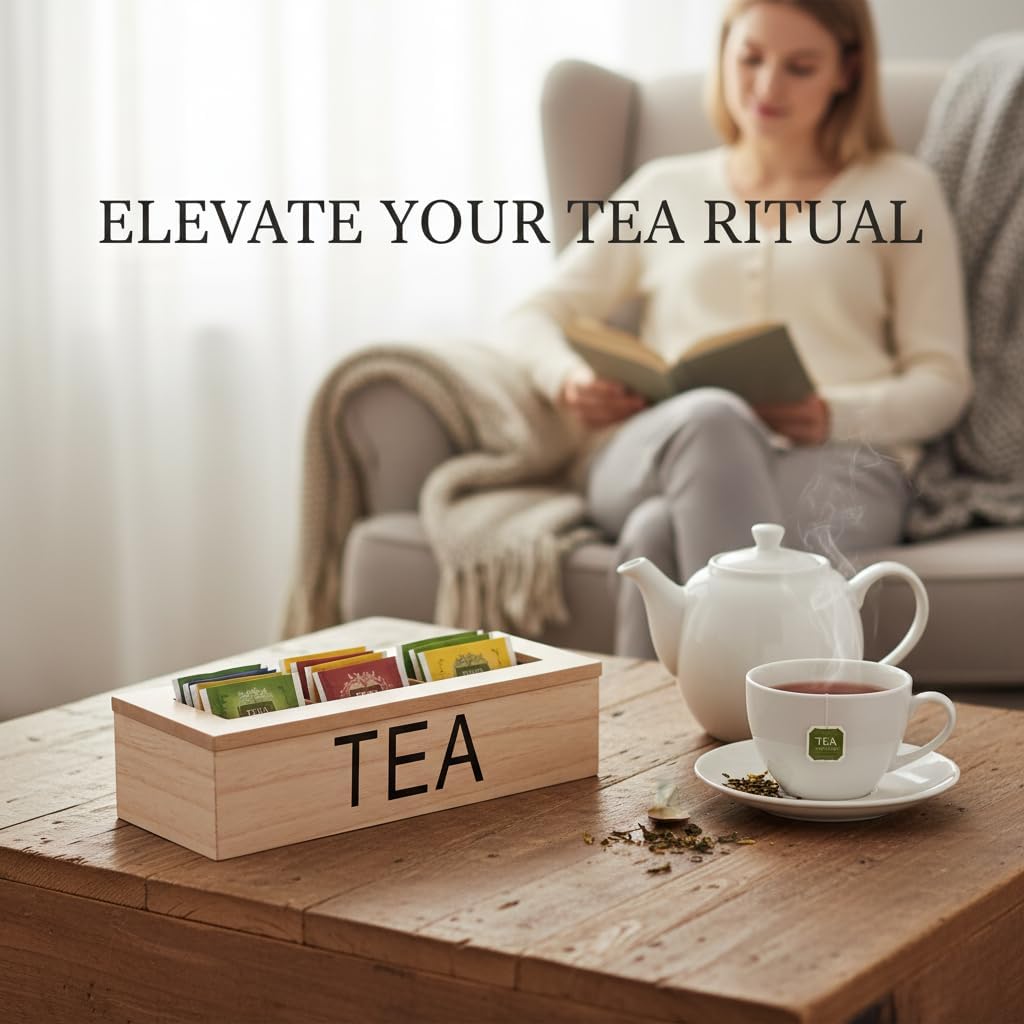 Wooden Tea Bag Holder with Transparent Window - 3 Compartment Storage Box for Coffee Station - view 1