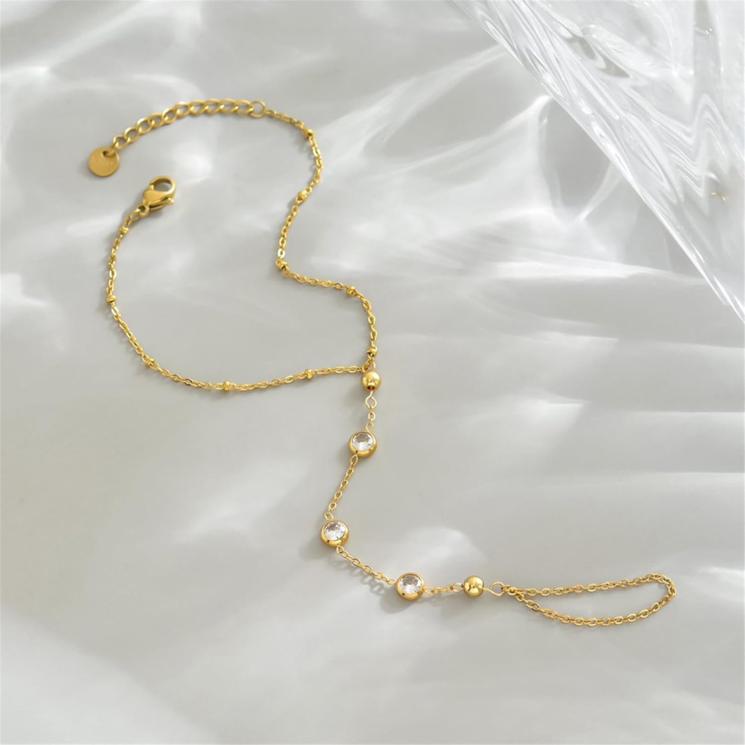 Hand Chain Bracelet for Women Dainty 18K Gold Plated Cubic Zirconia Rhinestone Chain Ring Bracelet Adjustable Trendy Jewelry - Image 5