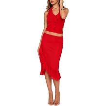 Womens 2 Piece Skirt Sets Halter Top Midi Skirts Summer Outfits