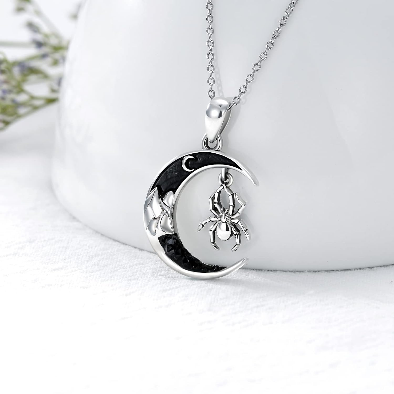 Gothic Jewelry Bat/Cat/Wolf/Dragon/Owl/Fox/Spider/Sun Pendant Sterling Silver Crescent Moon Necklace for Women Black Jewelry Gifts