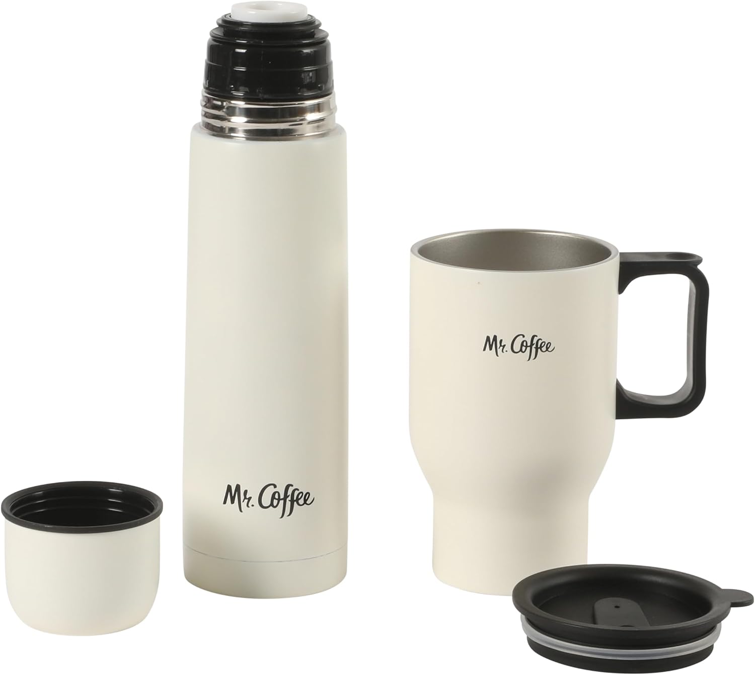 Mr. Coffee 4-Piece Insulated Drinkware Set — Stainless Steel Thermos, Travel Mug with Handle, Cup & Lid for Hot & Cold Drinks - Linen White