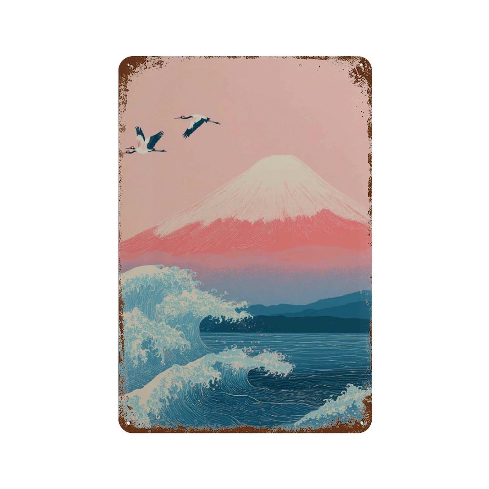 xiaoxiaoshen Mount Fuji Japanese Wave And Cranes Pink Sunset Landscape Work Asian Inspired Wall Decor Art Metal Tin Poster Modern Home Decor Art Home Bar Shop Decorations Vintage Sign 30x20cm