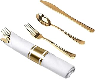 Tiger Chef Pre-Rolled Napkin and Cutlery Set - White Napkins and Gold Heavy-Weight Plastic Silverware with Napkin Band Set - 10-Pack