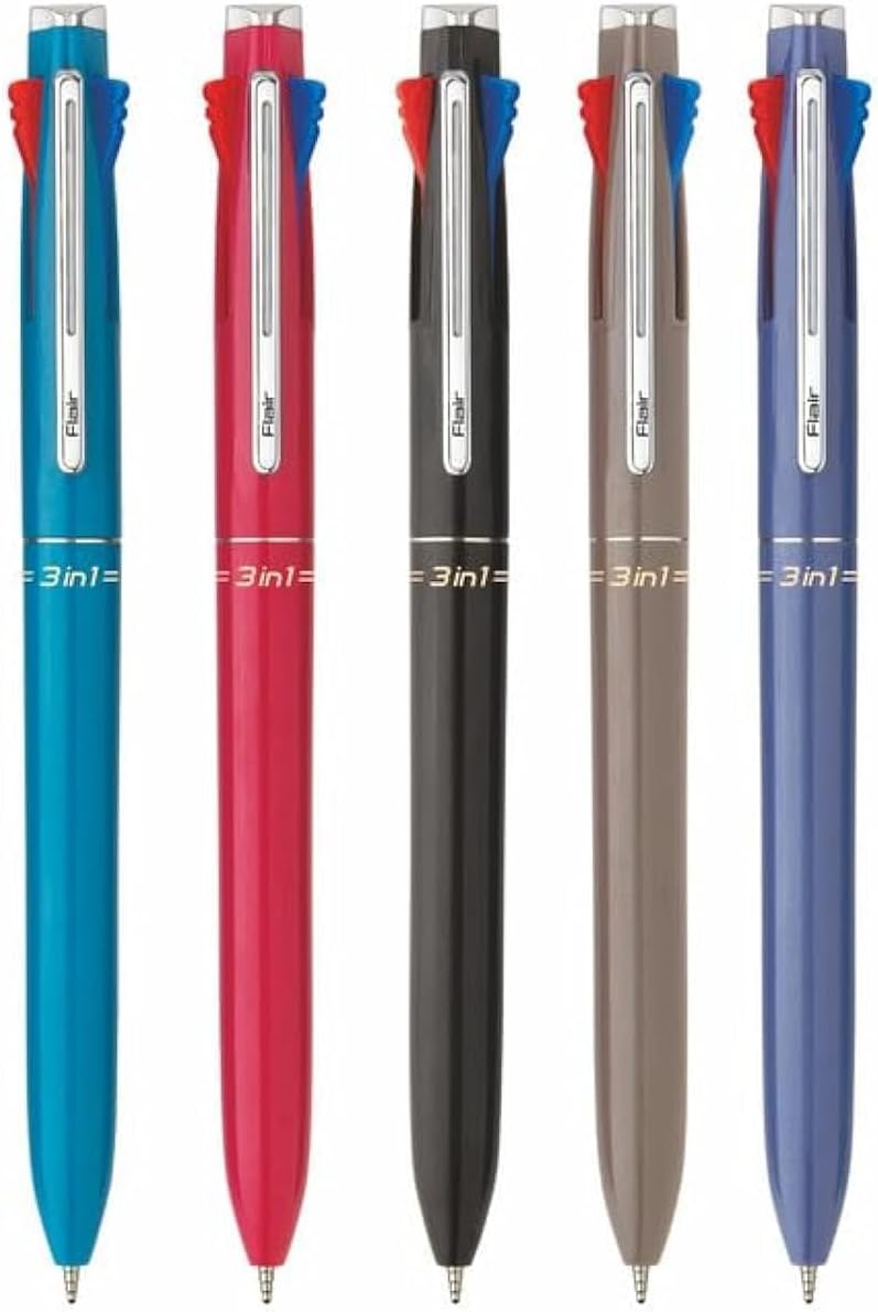 FLAIR 3 in 1 Retractable Ball Pen | 3 Ink Colors in One Pen | Multi Use Pen for Pleasant Writing Experience | Effortless Writing with Sleek Clip Design | Blue, Black & Red Ink, Pack of 5
