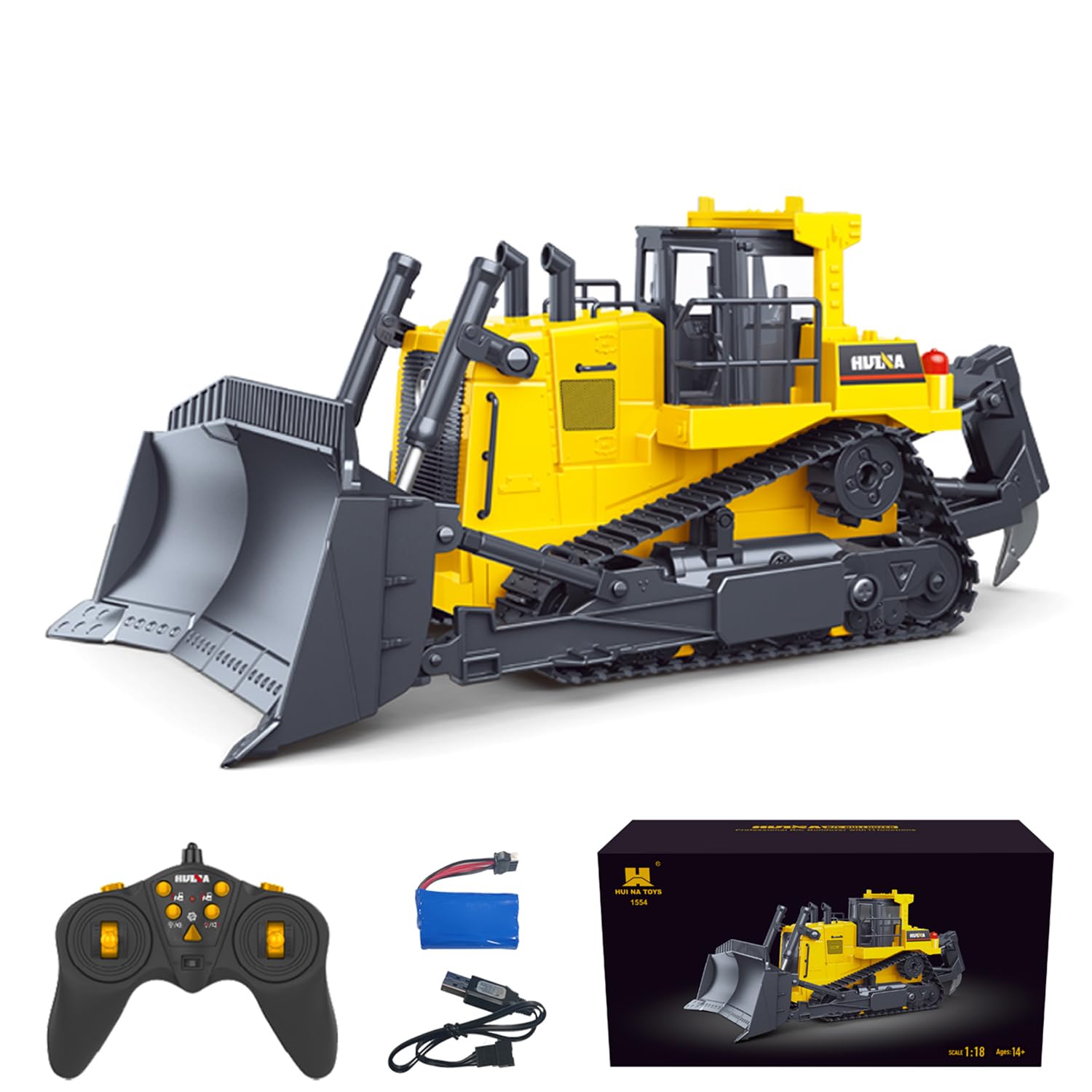 HUINA 1/16 Elettrico Telecomando Bulldozer 1554 RC Apripista Modello Finito Metallo Ripper Luce Effetto Batteria Pronto a funzionare