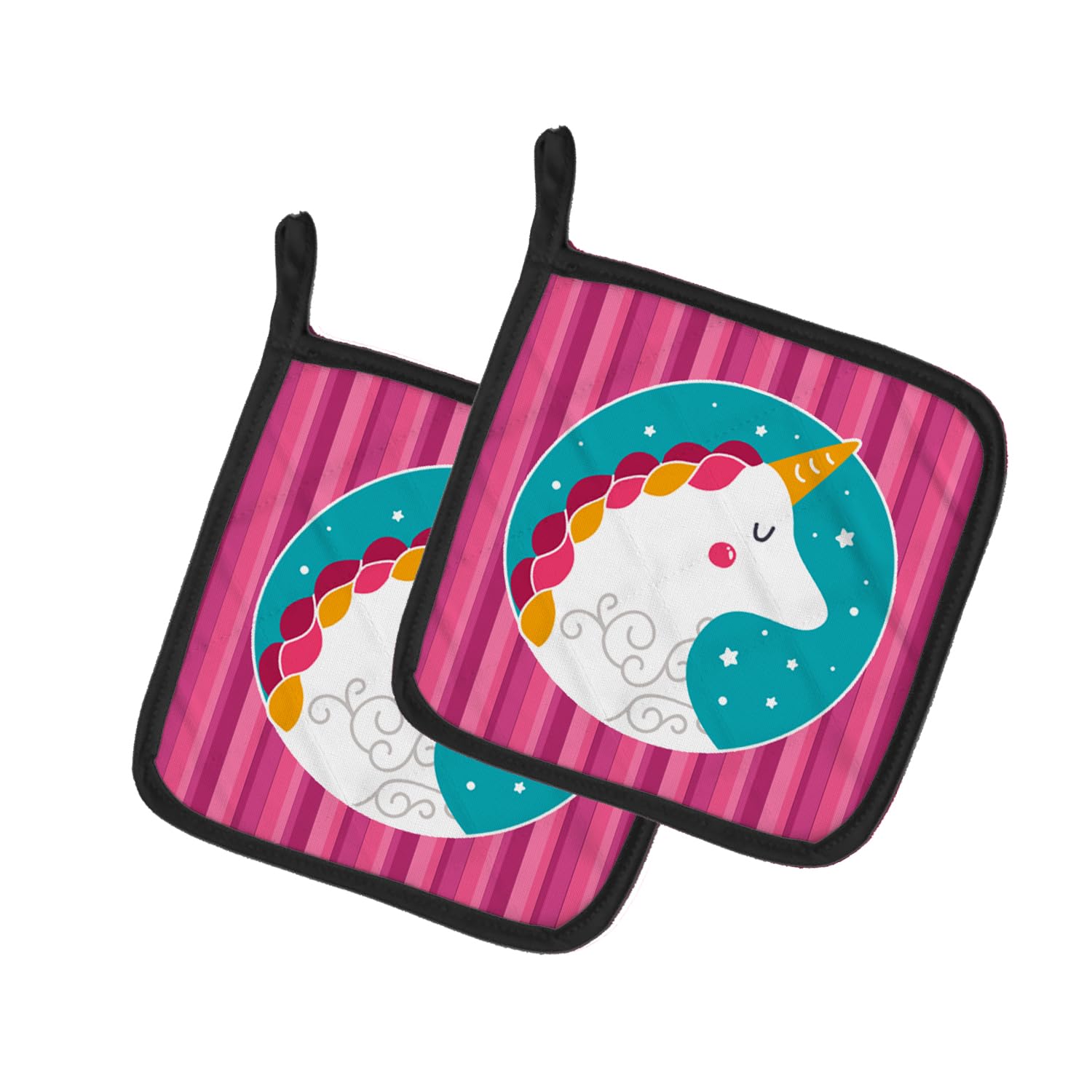 Agarraderas de unicornio rosa con rayas para proteger tus manos en la cocina