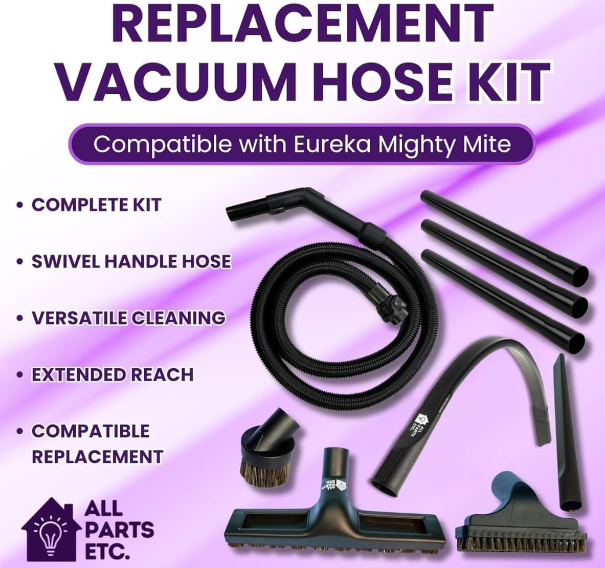 Replacement Vacuum Hose Kit Compatible with Eureka Mighty Mite 3670, 3682, 3684, SC3683, S3681 & More – Replaces OEM 60289-1 – 10 Ft Hose + Floor Brush, Wands, Crevice & Dust Tools 9pk