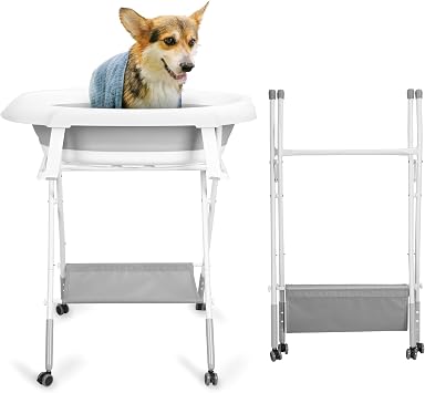Dog Bath Tub, Height Adjustable Foldable Dog Washing Station with Grooming Table & 3 Gears Adjustment, Collapsible Portable Shower Bathtub for Small Dogs and Cats Grey
