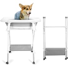 2 in 1 Dog Bathtub & Pet Washing Station, Foldable Grooming Bath Tub with Adjustable Height, Wheels & Storage Rack, Portable Collapsible Shower Tub for Small Dogs and Cats, for Indoor Outdoor Grey