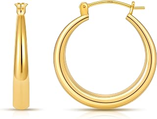 14K Gold Plated Hoop Earrings for Women 14k Real Gold Plated, Chunky 14K Gold Plated Hoops with 925 Sterling Silver Post Thick Hypoallergenic Medium Yellow Earrings Hoops 25mm