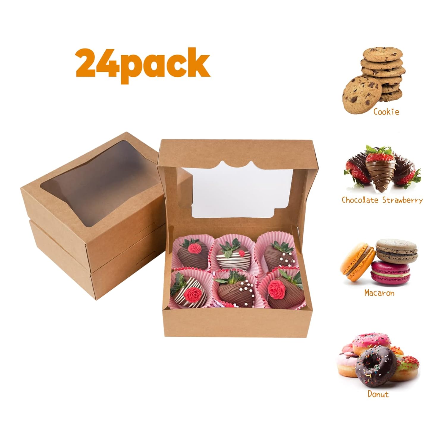 NPLUX Cookie Boxes Bakery Boxes with Window 8x6.5x2.5 Inches Auto-Popup Treat Pastry Boxes for Gift Giving(24pack,Brown)