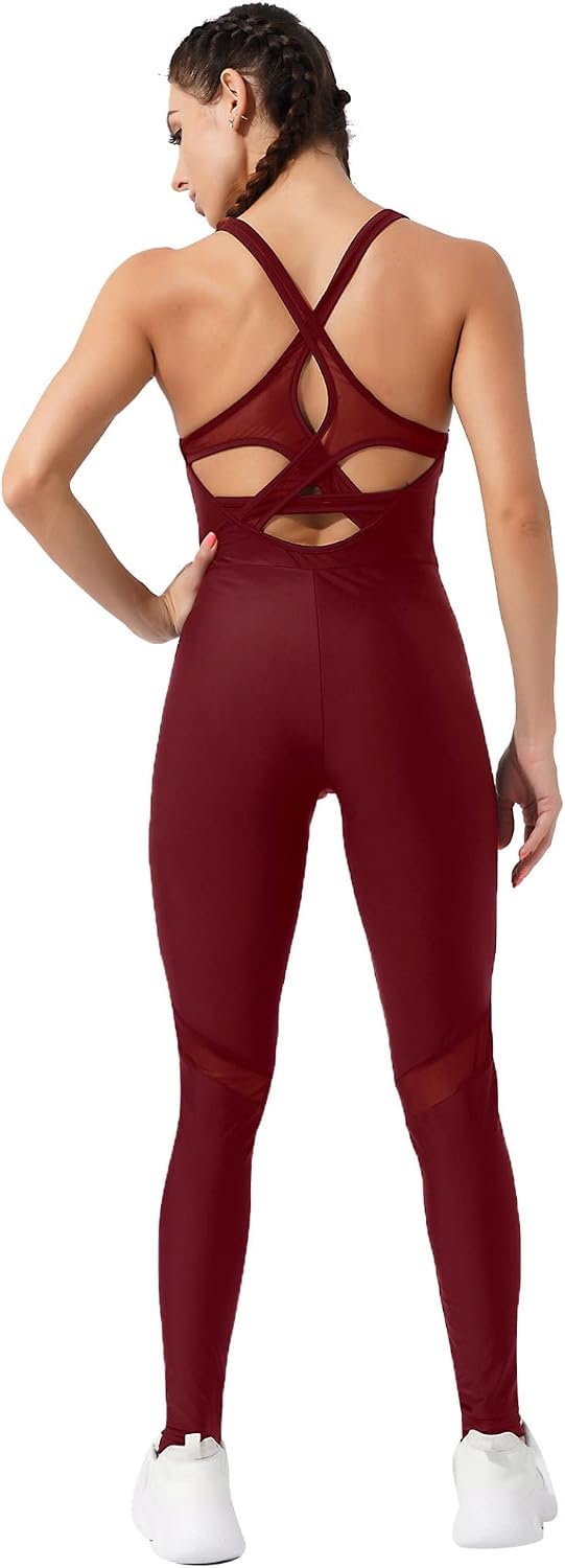 Woman's Solid Color Mesh Crisscross Back Stirrup Full Body Unitard Athletic Jumpsuit
