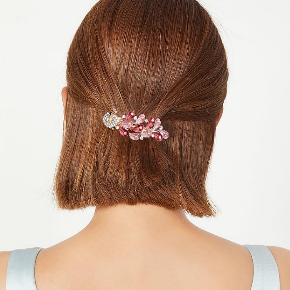 Rhinestone Peacock Hair Barrette for Women Gold Tone AB Crystal Colored Bird Feather Hair Clip Hair Clamp for Half-up Style Hair Accessories Decorative Spring Clip for Birthday Wedding Prom (Red)
