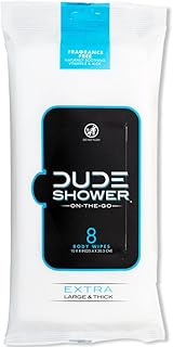 DUDE Wipes - On-The-Go Shower Wipes - 1 Pack, 8 Count- Unscented Extra-Large - Vitamin E & Aloe