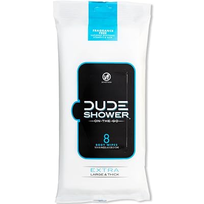 DUDE Wipes Fragrance Free On-The-Go Shower Wipes, Extra-Large and Thick Cleansing Body Wipes for Travel, 1 Pack (8 Count), Infused with Vitamin E and Aloe