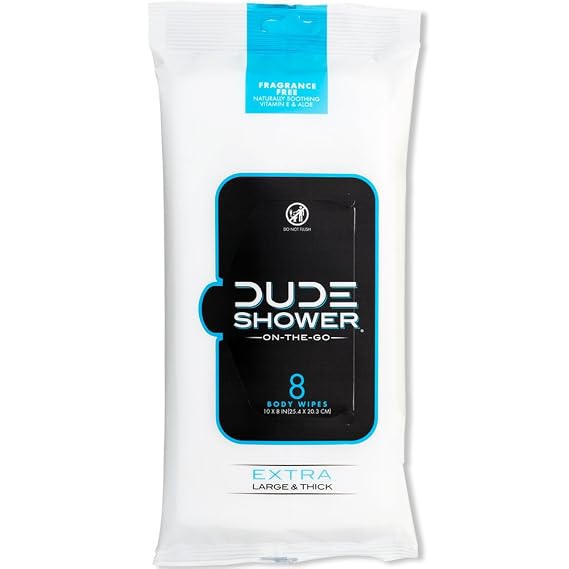 DUDE Wipes Fragrance Free On-The-Go Shower Wipes, Extra-Large and Thick Cleansing Body Wipes for Travel, 1 Pack (8 Count), Infused with Vitamin E and Aloe
