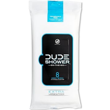 DUDE Wipes Fragrance Free On-The-Go Shower Wipes, Extra-Large and Thick Cleansing Body Wipes for Travel, 1 Pack 8 Count, Infused with Vitamin E and Aloe