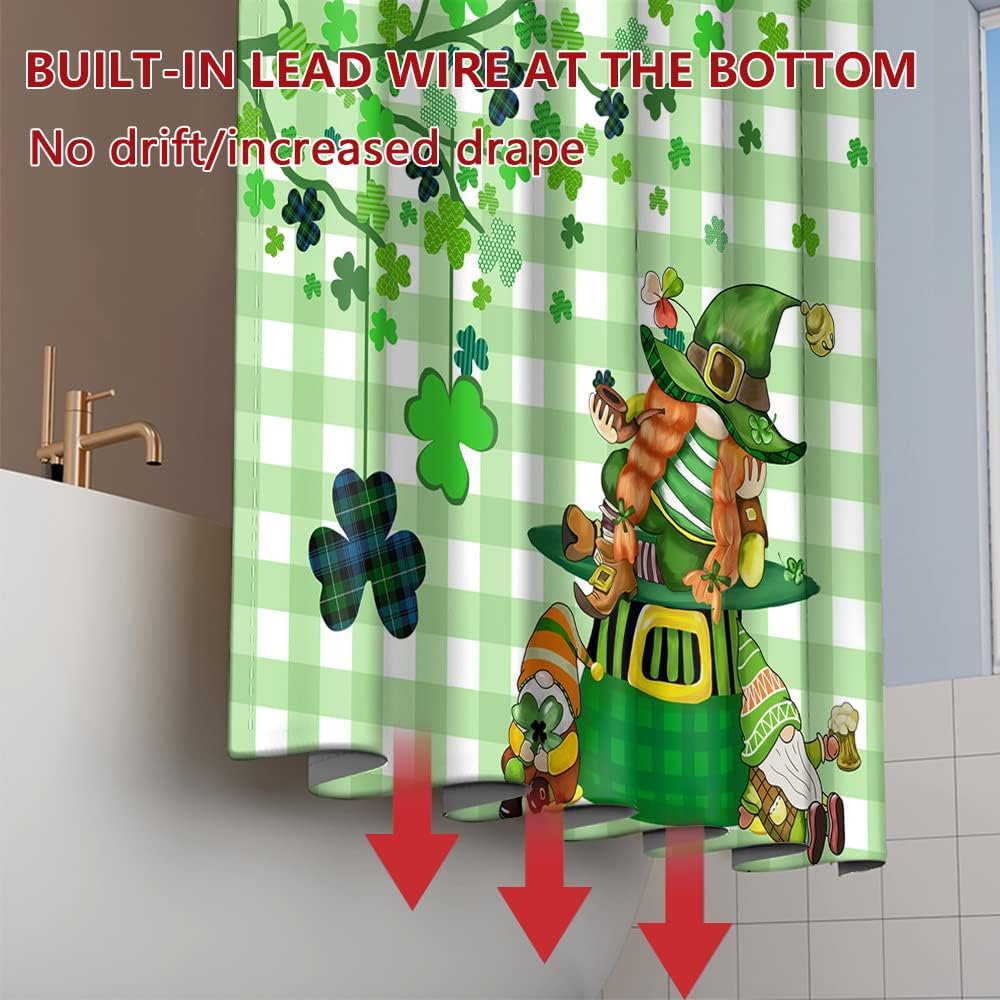 Happy St. Patrick's Day Shower Curtain Green Clover Shamrock Trees Gnome Elf Design Waterproof Fabric Polyester Farmhouse Style Shower Curtain Sets with 12 Hooks, 72x72 Inch
