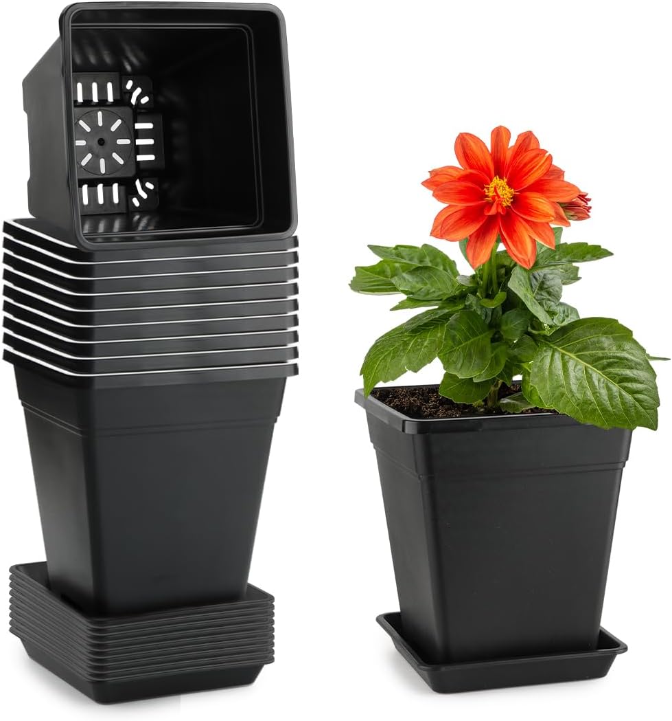 BTPLASTIK Plant Pots 10 Inch Set of 5, Large Square Plastic Planter with Drainage & Saucer, 5 Gallon Thick Outdoor Garden Pots Container for Outdoor Indoor, Flower Pots Planters