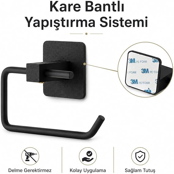 Alper Banyo Yapışkanlı Siyah Kare Açık Tuvalet Kağıtlığı Wc Kağıtlık Tuvalet Kağıdı Askısı