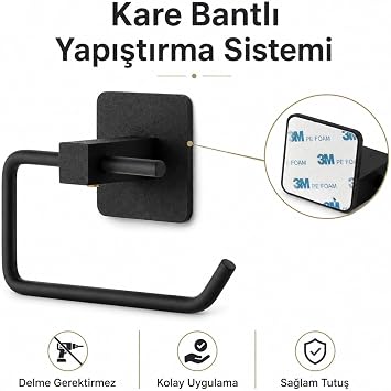 Alper Banyo Yapışkanlı Siyah Kare Açık Tuvalet Kağıtlığı Wc Kağıtlık Tuvalet Kağıdı Askısı